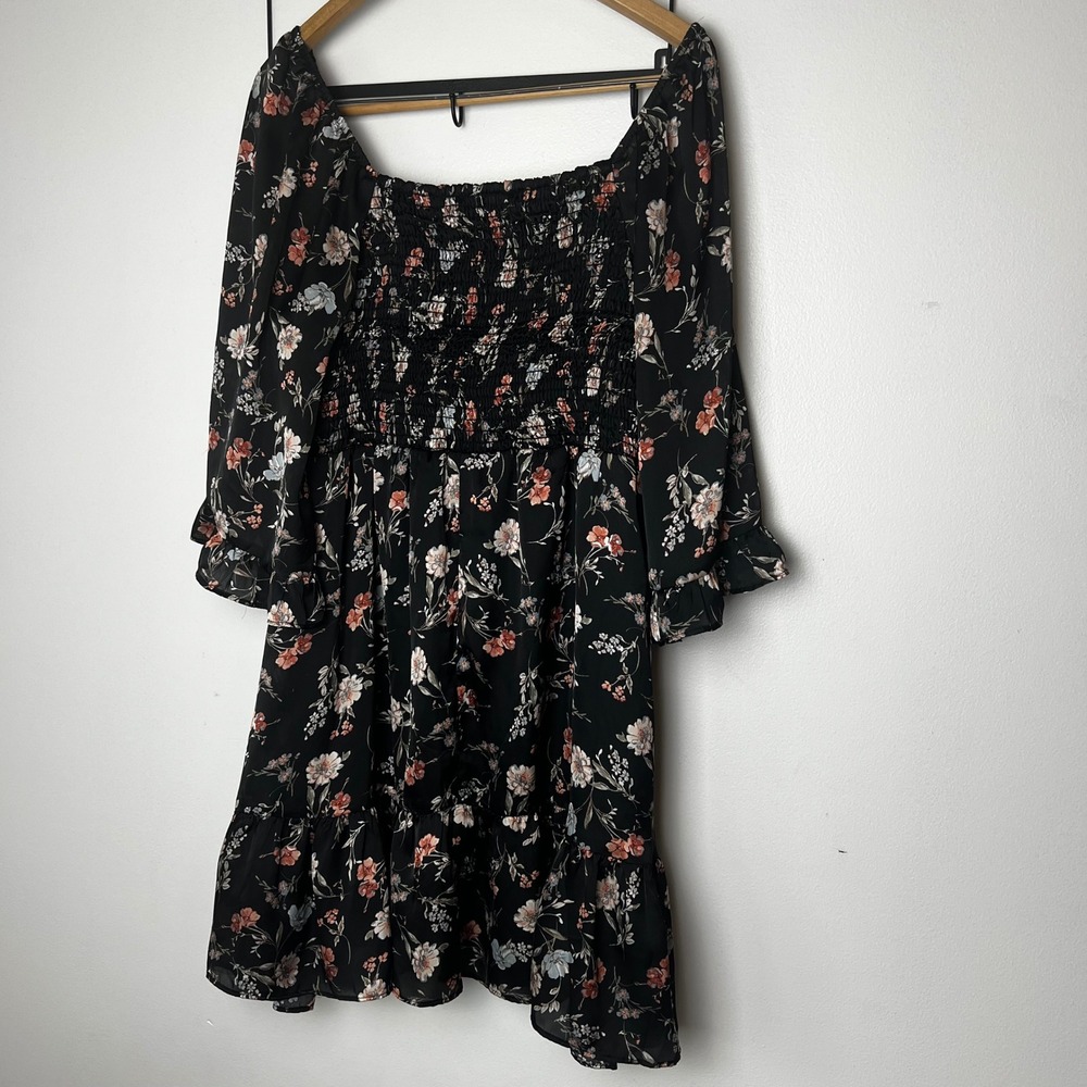 Arula Black Floral Mini Dress Square Neck Smocked Back Ruffle Long Sleeve XL (X) - Picture 6 of 6